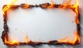 Burning paper forms a frame with flames and ash around a blank white center. This charred edge is perfect for adding text or Royalty Free Stock Photo