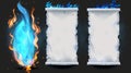 Burning paper sheets with blue fire and black scorched edges fly in the air. White blank pages with magic flame falling Royalty Free Stock Photo