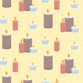 Burning paraffin wax aromatic scented candles seamless pattern. Aromatherapy and relaxation for spa. Cute home decoration, hygge,