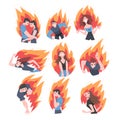 Burning People Set, Stressed Men and Women on Flame, Burnout, Emotional Problems Concept Cartoon Style Vector