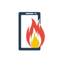 Burning phone. Fire and smartphone. Blank screen