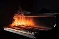 Burning piano instrument with red fire flames. Generate ai