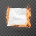 Burning piece of crumpled paper with copy space. crumpled paper blank. Creased paper texture in fire. Vector