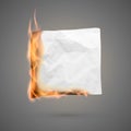 Burning piece of crumpled paper. crumpled empty paper blank for banner. Creased paper texture in fire. Vector