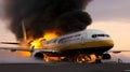 A burning plane. The plane crashed to the ground. The concept of a plane crash. Selective focus Generative. Royalty Free Stock Photo