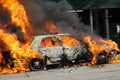 Burning police car.
