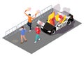 Protest action, vector isometric illustration. Violent public disturbance, civil unrest, street riot. Royalty Free Stock Photo