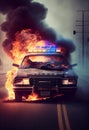 Burning police car on the highway. AI Generated Royalty Free Stock Photo