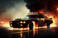 Burning police car on the highway. AI Generated Royalty Free Stock Photo