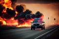 Burning police car on the highway. AI Generated Royalty Free Stock Photo