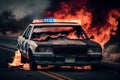 Burning police car on the highway. AI Generated Royalty Free Stock Photo
