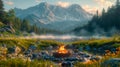 Burning pot on the background of the mountain landscape. Fire in the pot Royalty Free Stock Photo