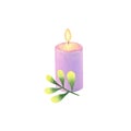 Burning purple candle with a green twig isolated on white background.