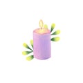 Burning purple candle with green twigs isolated on white background.
