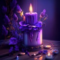 Burning purple candle with lavender flowers on wooden table. Vector illustration generative AI