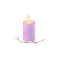 Burning purple candle with willow twig isolated on white background.