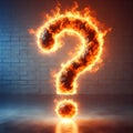 Burning question mark fire flames on room brick background