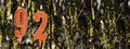 Burning red birthday candles on glitter tinsel background, number 92. Banner.