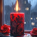 A burning red candle in front of a window. Royalty Free Stock Photo