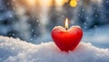 Burning red candle in shape of heart on the snow, blurred background. Winter love holiday. Valentine\'s Day Royalty Free Stock Photo