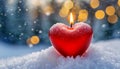 Burning red candle in shape of heart on the snow, blurred background. Winter love holiday. Valentine\'s Day Royalty Free Stock Photo