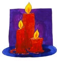 Burning red candles on violet background. Watercolor hand drawn illustration of warm glim, composition in violet square