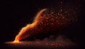 Burning red hot sparks fly from large fire in the night sky. Abstract background on the theme of fire, light and life Royalty Free Stock Photo