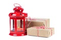 Burning red lantern with gift boxes isolated over white Royalty Free Stock Photo