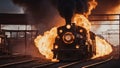 A burning retro train, on fire, flames, that looks like it belongs to the old west.