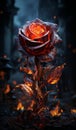 Burning rose in the dark. Fire and smoke on the background