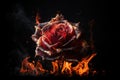 Burning rose flower on black background with copy space. Valentine\'s Day concept. Generative AI