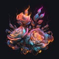 Burning roses of multicolored fire and sparks. Generative AI