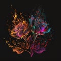 Burning roses of multicolored fire and sparks. Generative AI