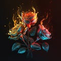 Burning roses of multicolored fire and sparks. Generative AI