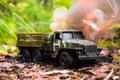 Burning of a russian military toy truck. Imitation of unexpected attack.