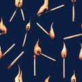 Burning safety-match with orange, yellow fire. Seamless pattern on blue background Royalty Free Stock Photo