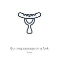 Burning sausage on a fork icon. Thin linear burning sausage on a fork outline icon isolated on white background from food