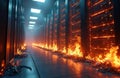 Burning server room data center disaster. Flames erupt from racks, cables ignite. Infrastructure failure, data loss, digital Royalty Free Stock Photo