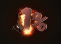 Burning shopping cart and red one percent discount sign. 3D illustration
