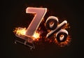 Burning shopping cart and red Seven percent discount sign. 3D il