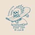 Burning skeleton with a skateboard on the neck. Label for typography. Vintage retro Ride on the boards concept. Template