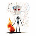 Colorful Caricature: A Flaming Skeleton With A Pen
