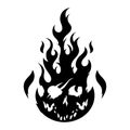 Burning skull on fire, black icon illustration. Gothic design for prints. Comic style. T-shirt print for Horror or Halloween.