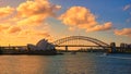 A burning sky over the Sydney opera house and harbour bridge. Royalty Free Stock Photo