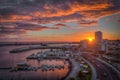 Burning sky sunset view at harbor of ponta delgada