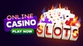 Burning slot machine, dices, poker cards wins wins the jackpot. Fire casino concept. Hot 777. Royalty Free Stock Photo