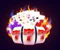 Burning slot machine, dices, poker cards wins wins the jackpot. Fire casino concept. Hot 777. Royalty Free Stock Photo