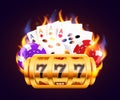 Burning slot machine, dices, poker cards wins wins the jackpot. Fire casino concept. Hot 777. Royalty Free Stock Photo