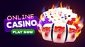 Burning slot machine, dices, poker cards wins wins the jackpot. Fire casino concept. Hot 777. Royalty Free Stock Photo