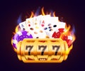 Burning slot machine, dices, poker cards wins wins the jackpot. Fire casino concept. Hot 777 Royalty Free Stock Photo